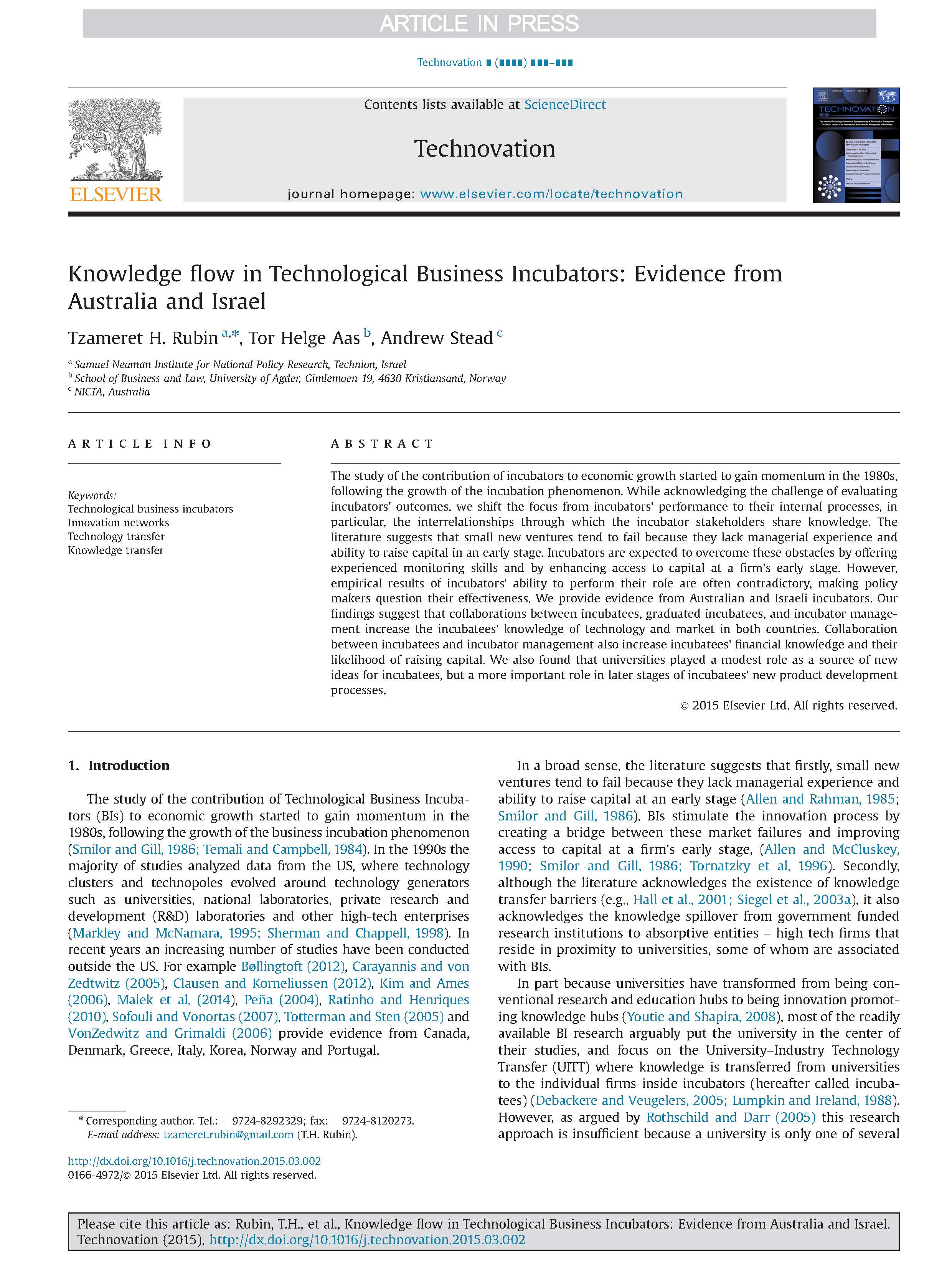 Knowledge flow in Technological Business Incubators: Evidence from Australia and Israel