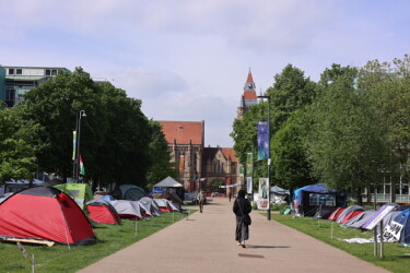 A makeshift camp housing a group protesting the University of Manchester's alleged support of Israel in the ongoing conflict against Hamas is being seen in Manchester, England, on May 13, 2024. (Photo by MI News/NurPhoto via Getty Images)