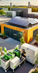 A modern building with solar panels on the flat roof and three wheeled recycling bins for paper, plastic, and glass in front