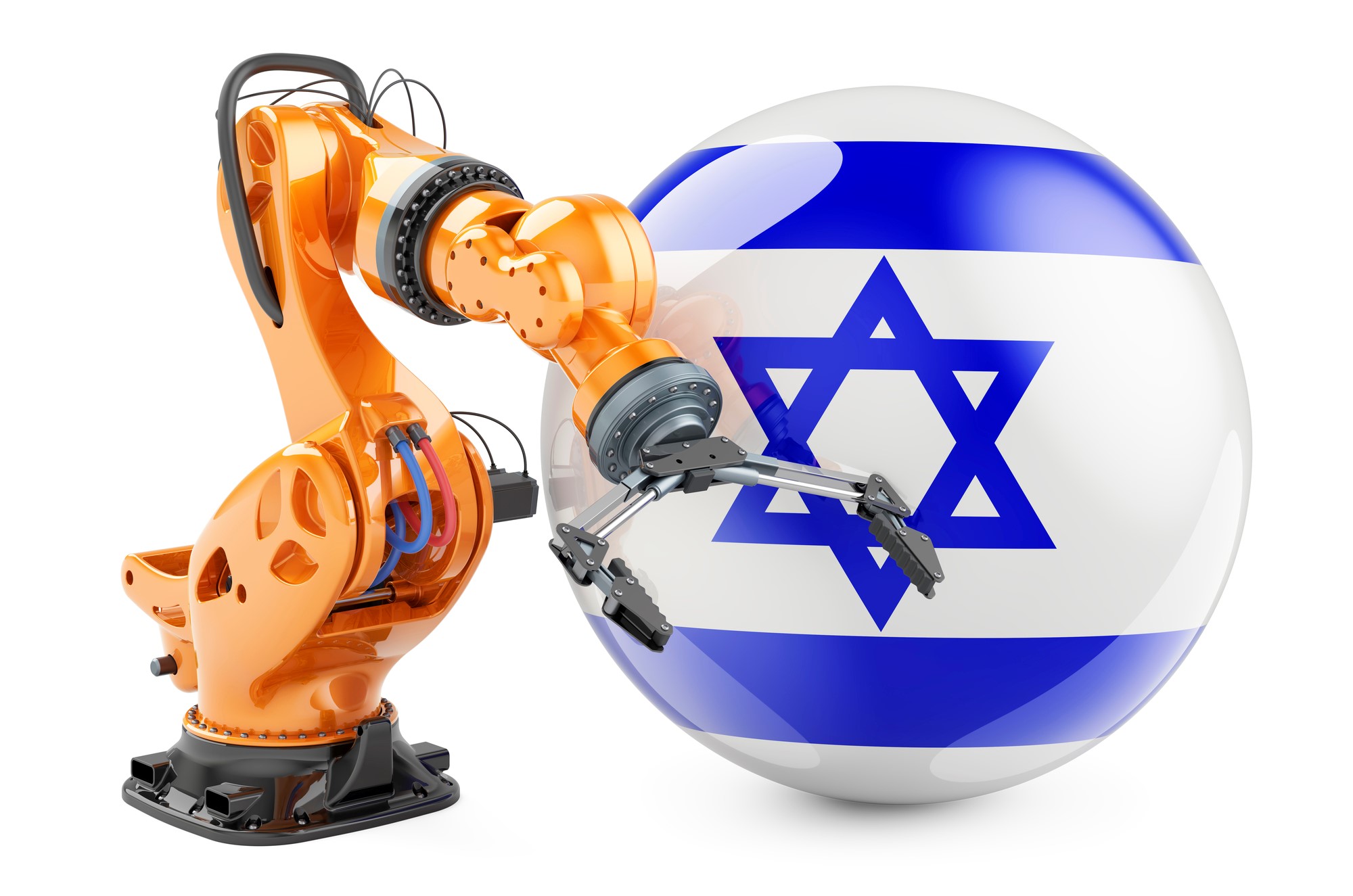 An industry Robot next to Israel flag