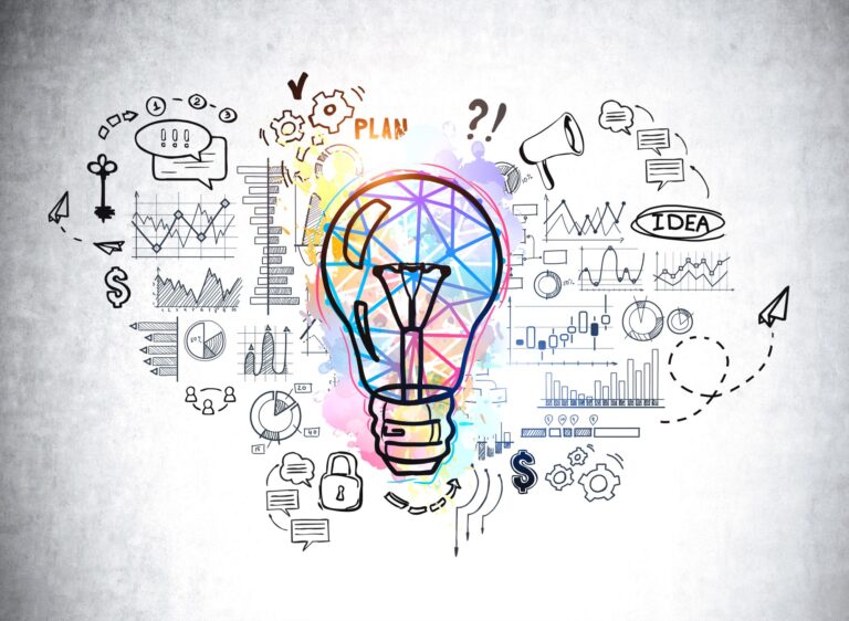 Big lightbulb drawing with circuit of network connection, graphs and financial analysis. Icons of communication and business process. Concept of new ideas and creativity