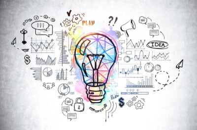 Big lightbulb drawing with circuit of network connection, graphs and financial analysis. Icons of communication and business process. Concept of new ideas and creativity