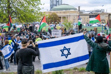 Emotions run high as both pro-Palestinian and pro-Israeli protesters passionately express their views, with intense exchanges outside the student encampment occupying King's College Circle at the University of Toronto.