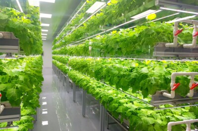 Plants on vertical farms grow with led lights. Vertical farming is sustainable agriculture for future food.