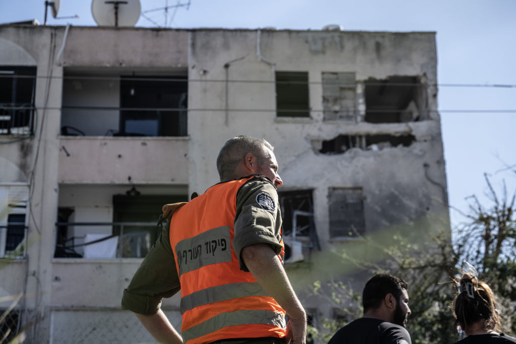 HAIFA, ISRAEL - OCTOBER 19: A view of damaged residential house after rocket attack, which were launched from Lebanese territory as the Israeli forces took security measures around the region in Haifa, Israel on October 19, 2024. (Photo by Mostafa Alkharouf/Anadolu via Getty Images)