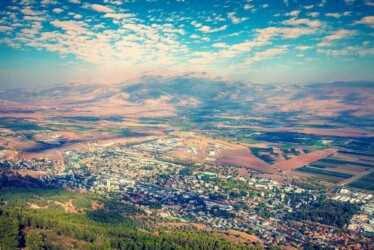 View from Manara cliff of Kiryat Shmona city and Hermon mount. Israel