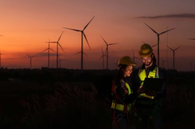 Engineers working on wind turbines farm